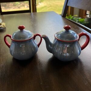 Blue Czech Lusterware teapot and sugar bowl